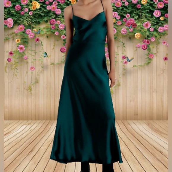 Zara Satin Effect Lingerie Style Peacock Emerald Green Maxi Dress $89.90 - Picture 9 of 9
